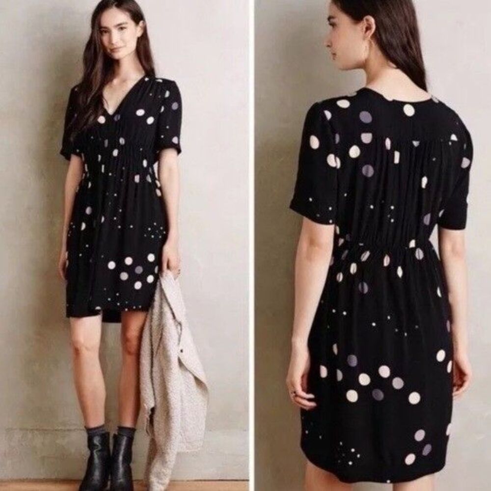 Anthropologie HD in Paris Polka Dot Smocked Waist V-Neck Dress Womens 4P Black